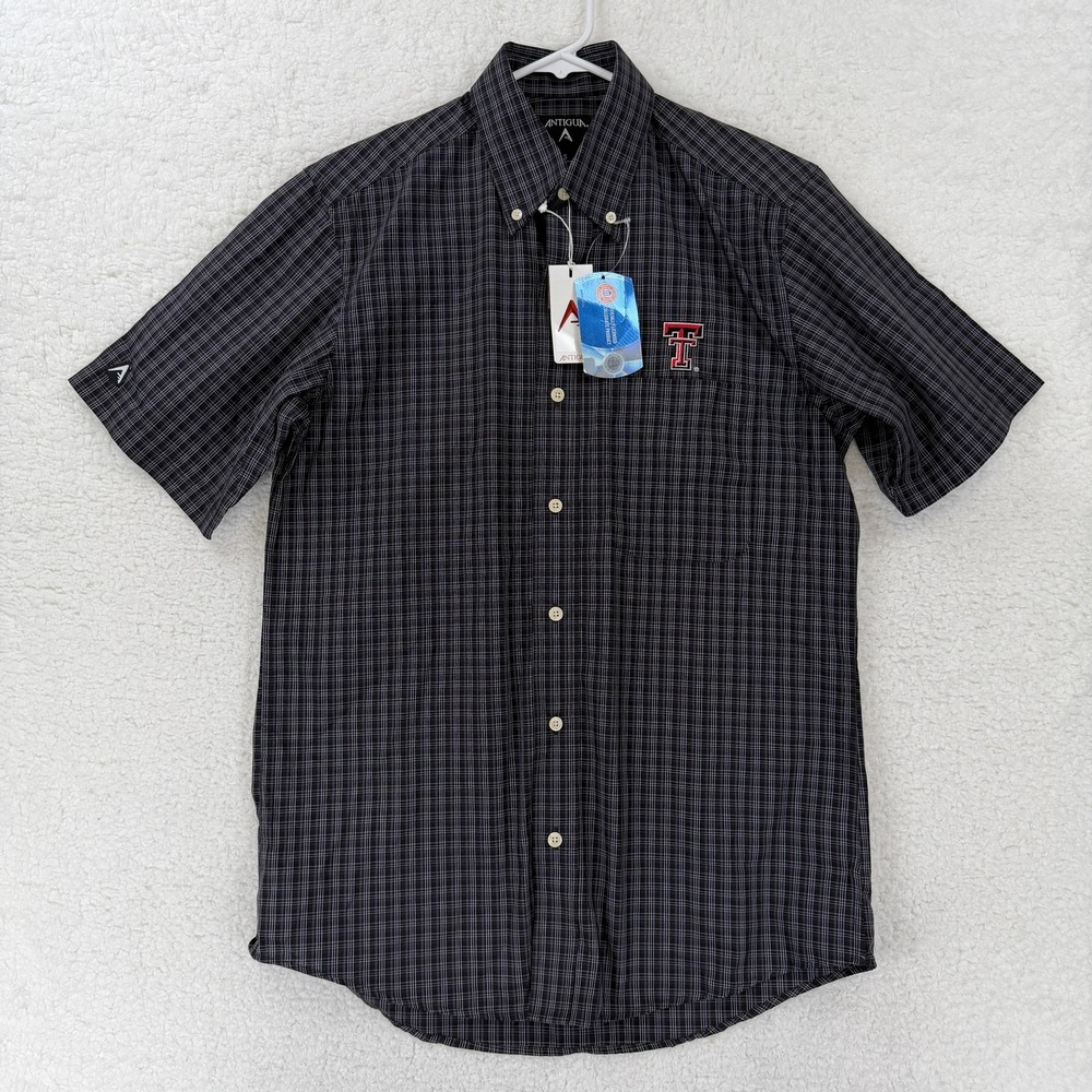 Texas Tech Red Raiders Shirt Mens Small Black NCAA Football Antigua Plaid Button
